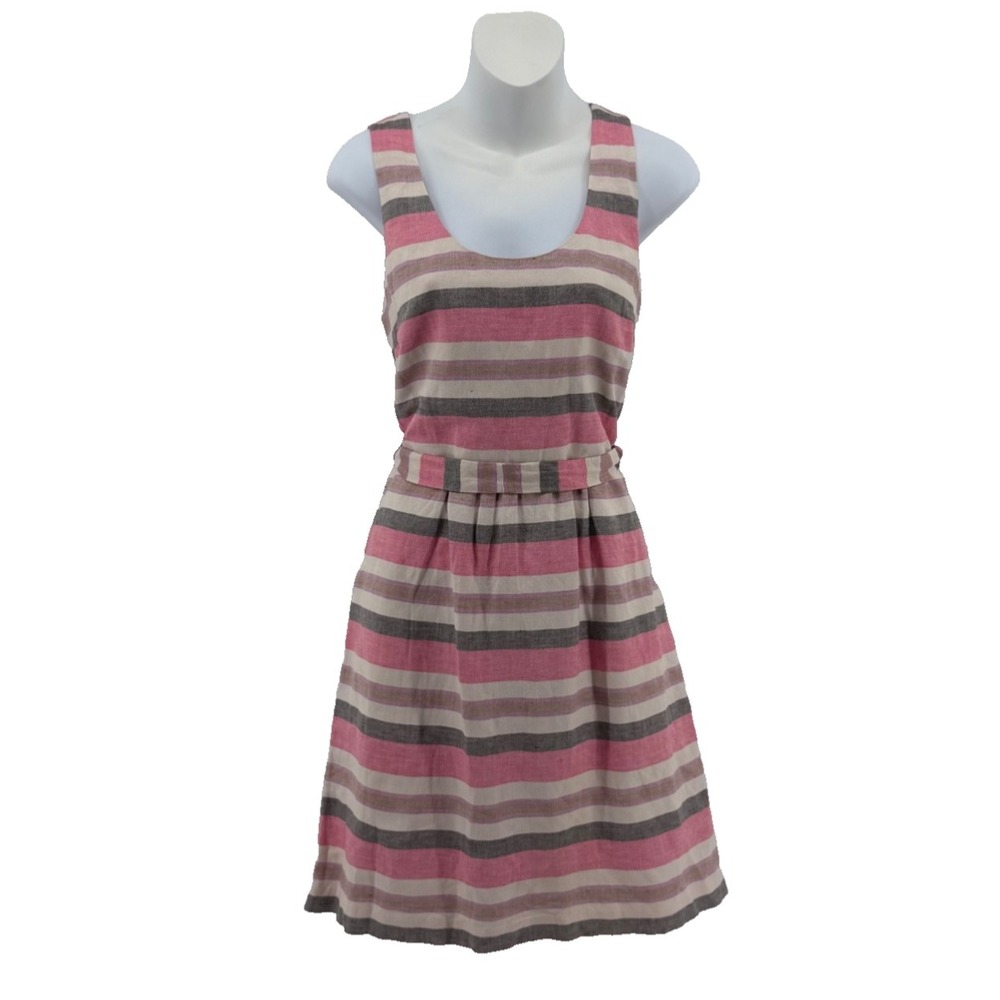 LOFT Linen Blend Striped Fit Flare Dress Womens 6 Pink Sleeveless Belted